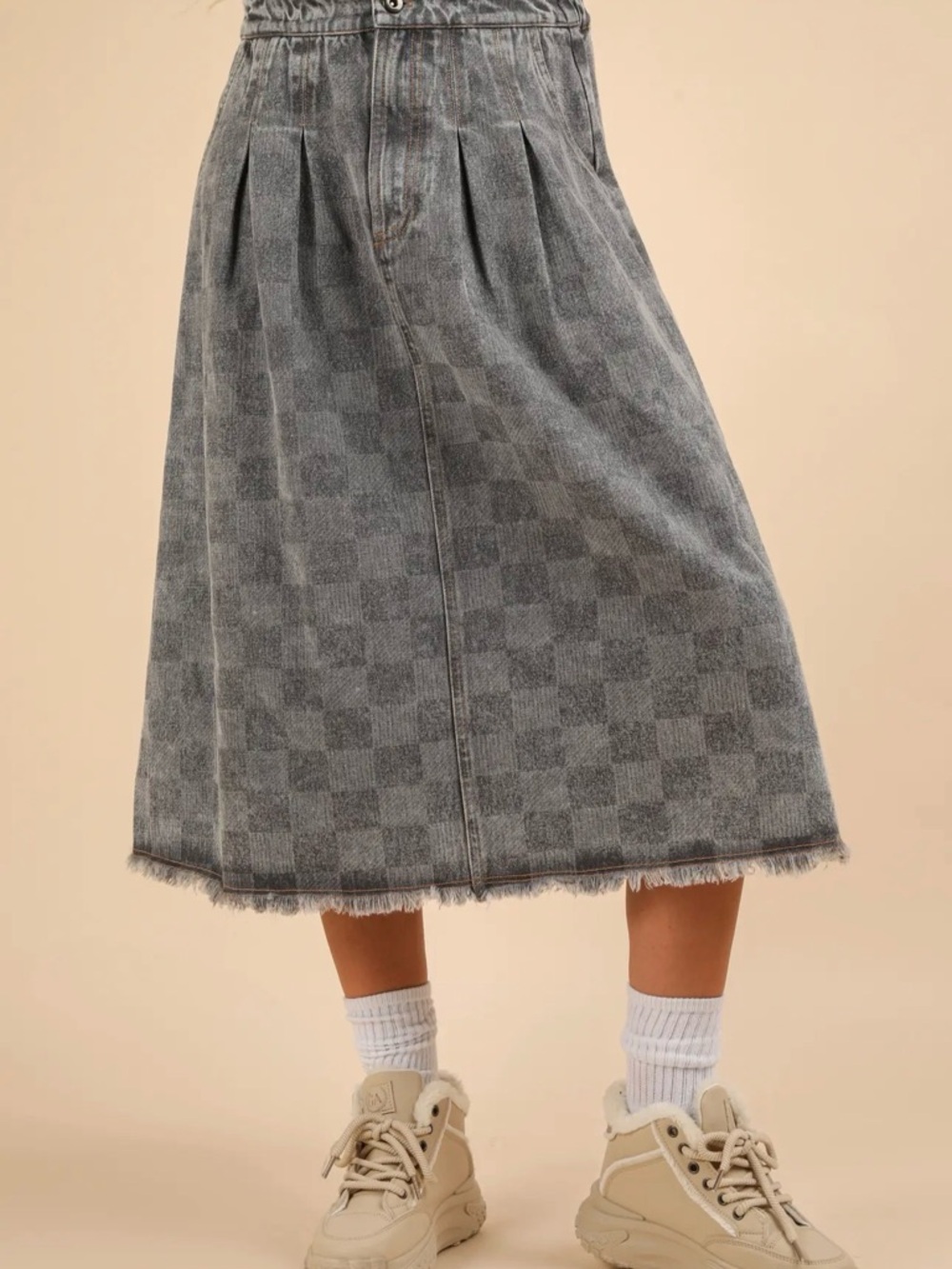 Brand New Boutique Washed Gray Check Midi Denim Skirt - Classic Pleated Design